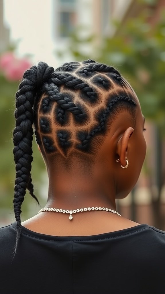 A person with knotless box braids styled in a sleek ponytail, showcasing intricate patterns on the scalp.