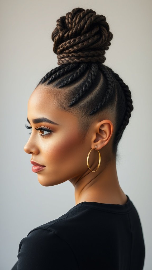 A woman with knotless braids styled into a high bun, showcasing a sleek and elegant look.