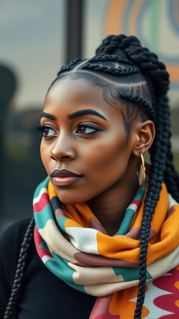A woman with knotless braids styled with a colorful scarf.