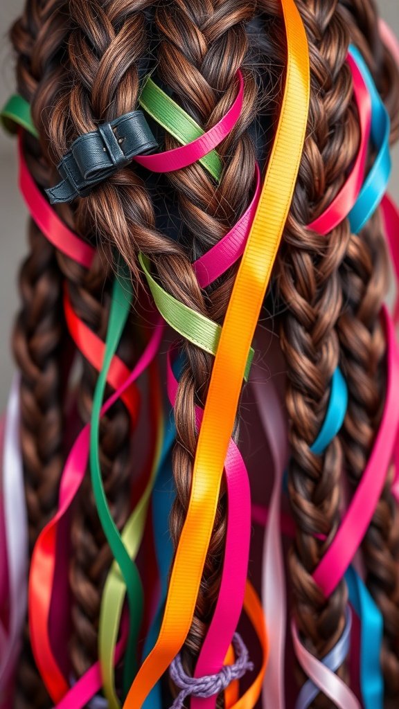 Knotless braids adorned with colorful ribbons in various shades.