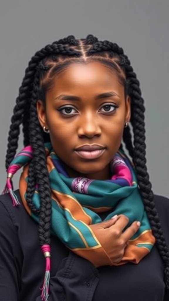 A woman with knotless braids styled with a colorful scarf.