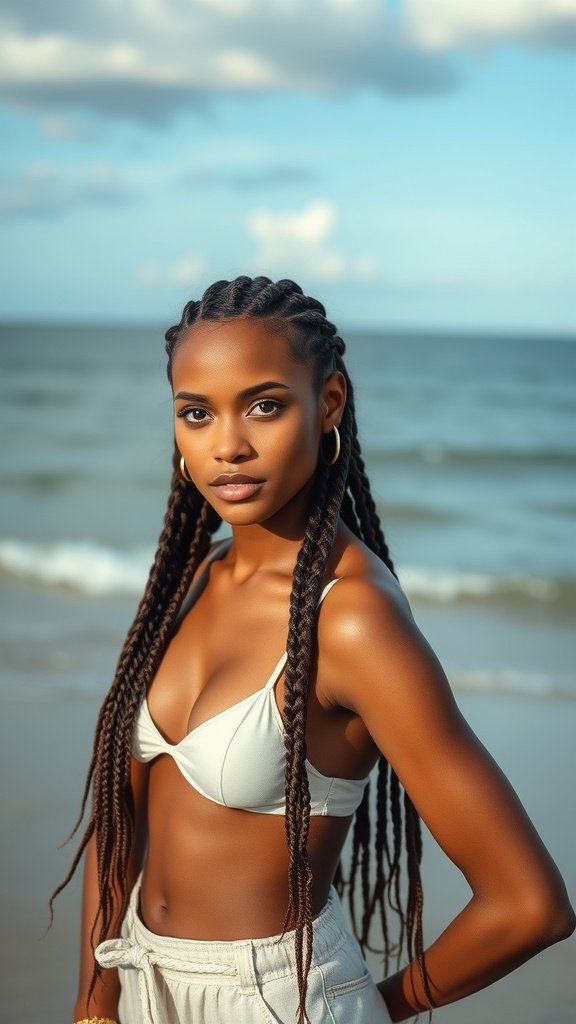 A woman with knotless braids standing on the beach, wearing a bikini top and looking confidently at the camera.
