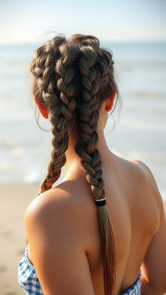 A woman with two knotless braids enjoying a beach setting.