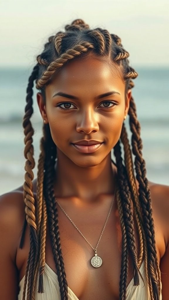 A person with knotless braids, showcasing a beachy vibe with ocean in the background.