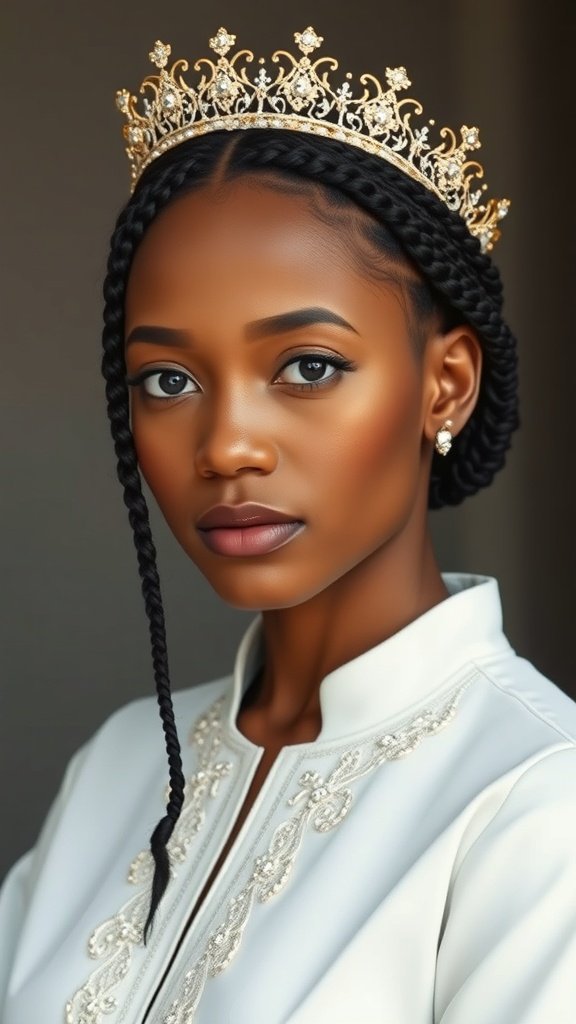 A woman with knotless braids styled elegantly with a beaded crown.