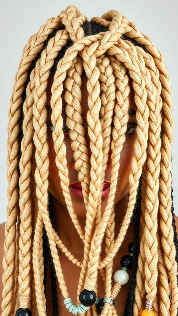 A woman with blonde knotless braids adorned with colorful beads, showcasing a stylish and unique hairstyle.