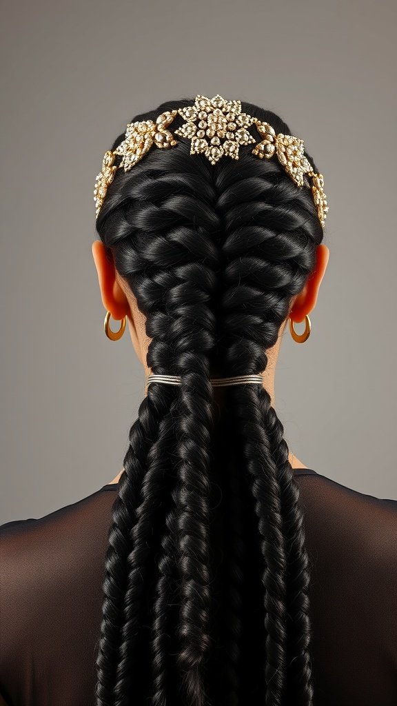 A woman with long knotless braids adorned with a decorative beaded hairpiece, showcasing a stylish and elegant hairstyle.