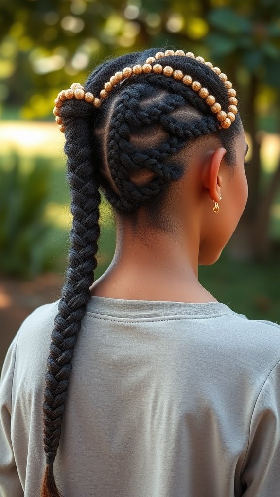A woman with knotless braids styled with a beaded headband, showcasing a chic and elegant hairstyle.
