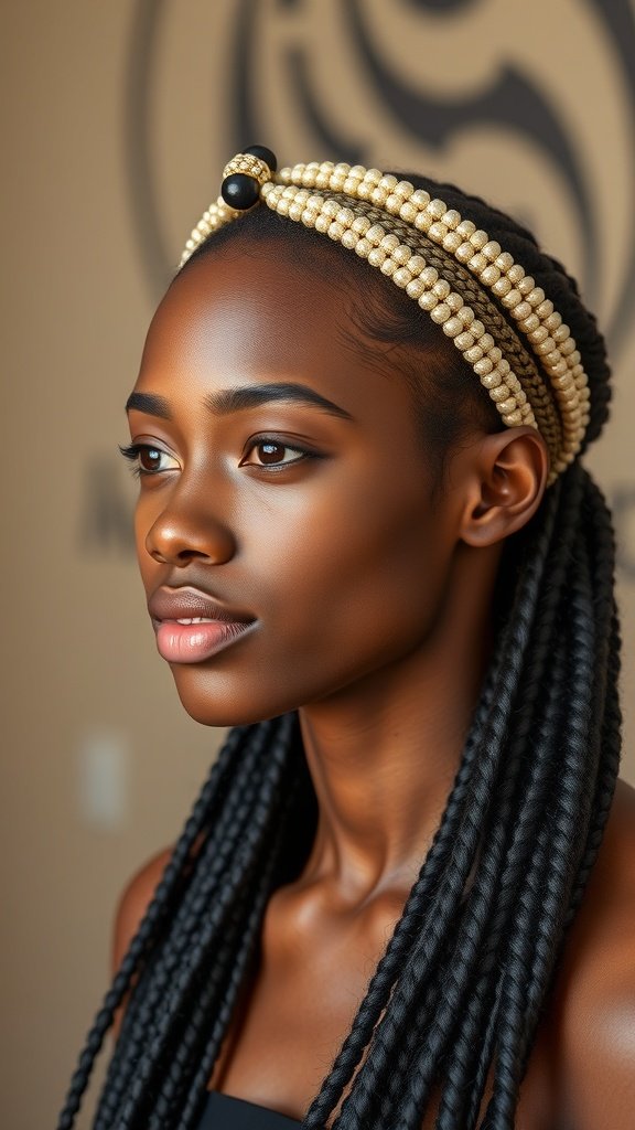 A woman with knotless braids wearing a beaded headband.