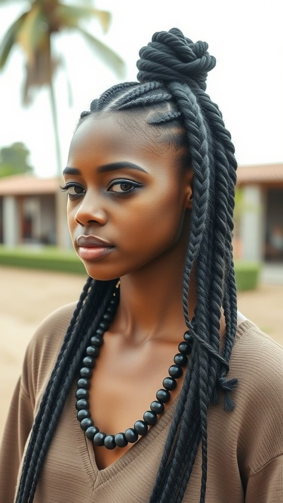 A woman with knotless braids styled with a beaded necklace, showcasing a chic and relaxed look.