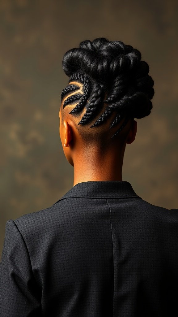 A person with knotless box braids styled in a beehive, showcasing a modern and polished look.