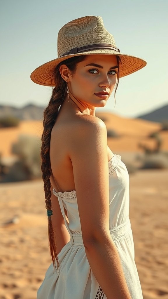 A woman with knotless braids wearing a bohemian hat in a desert setting