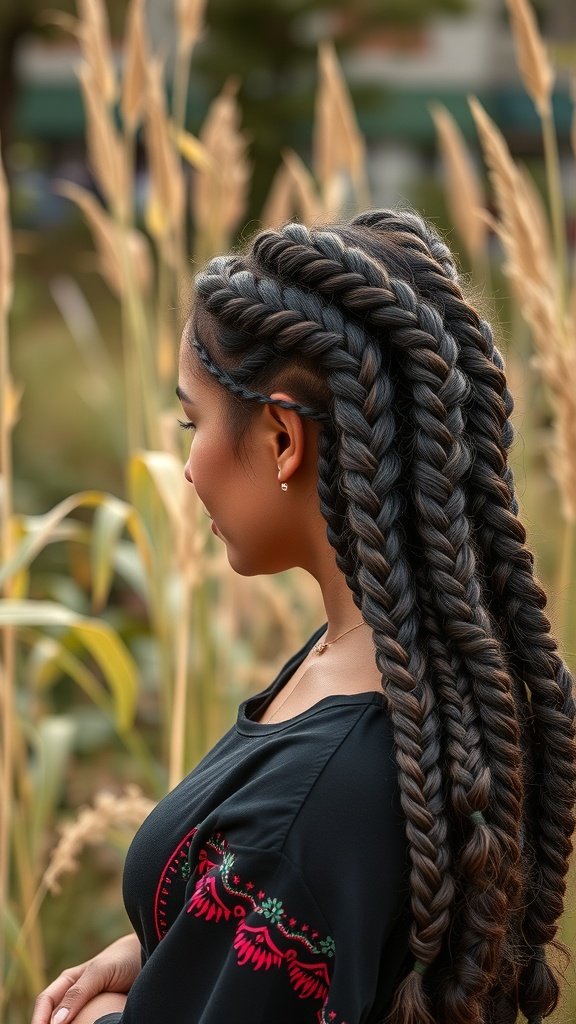 A woman showcasing knotless braids styled with a bohemian twist.