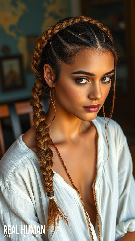 A close-up of a woman with knotless braids styled in a bohemian fashion, wearing a white shirt and accessorized with a necklace.