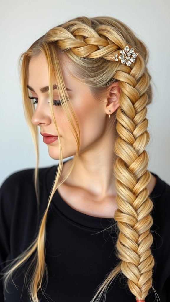Blonde knotless braid with a boho clip