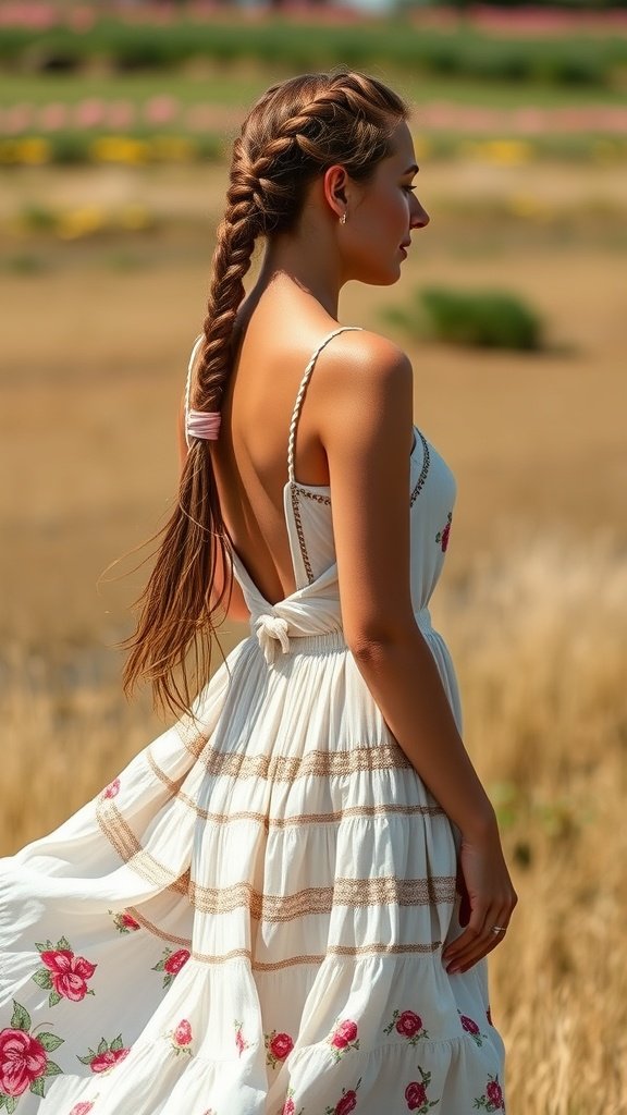 A woman with knotless braids wearing a boho dress, showcasing a beautiful back view in a field.