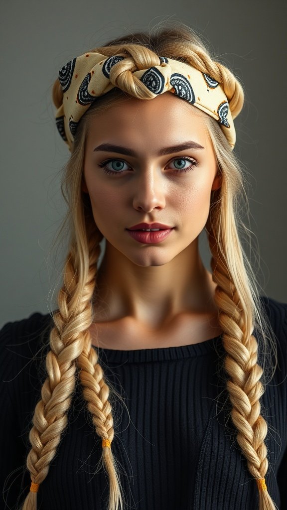A model with blonde knotless braids and a patterned boho headband.