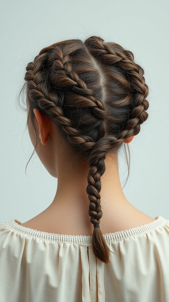 A back view of a person with two thick knotless braids styled in a heart shape, showcasing a playful bohemian look.