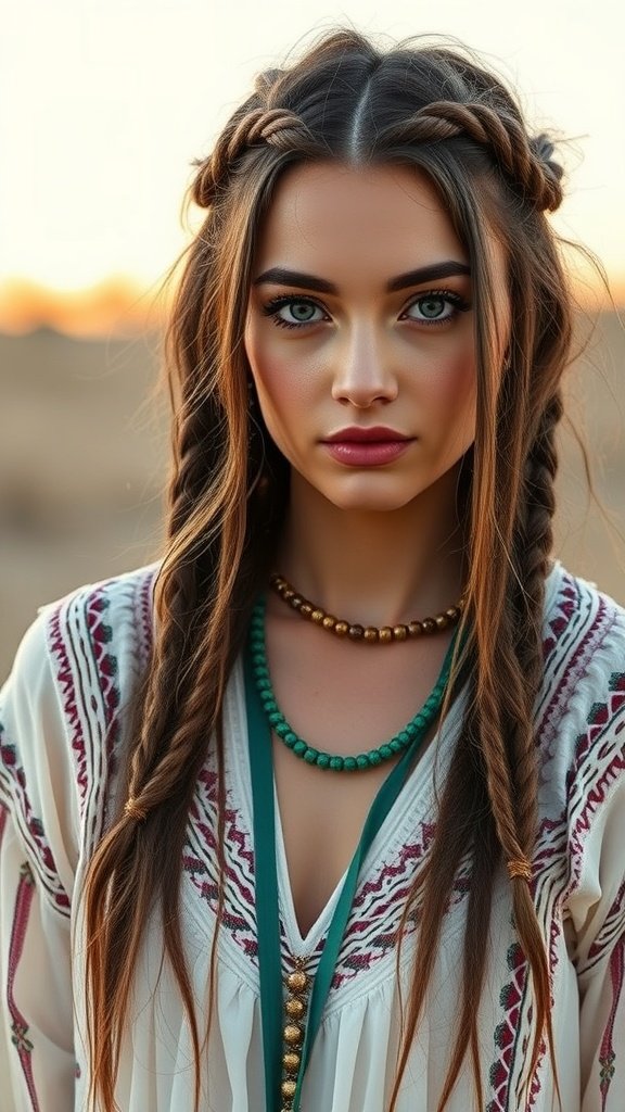 A woman with knotless braids styled in a boho fashion, wearing layered necklaces and a beautifully embroidered top.