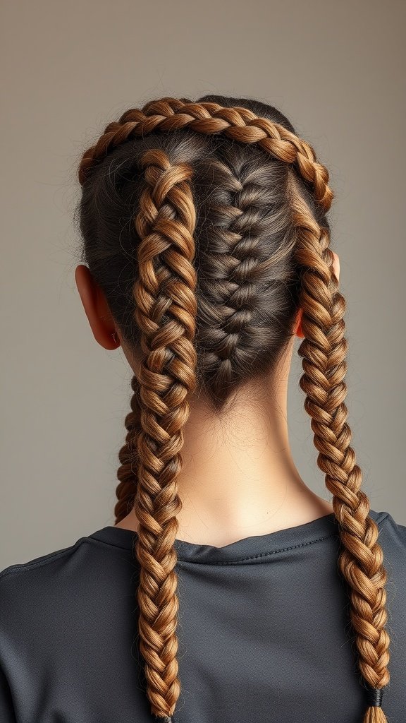 A close-up view of a woman with knotless braids styled into a braided headband.