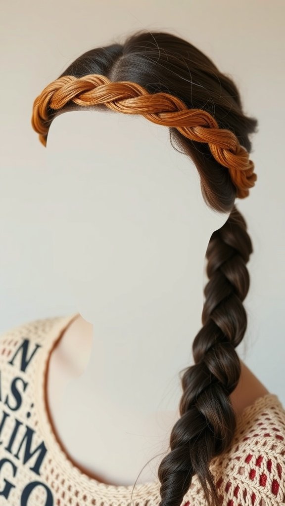 A mannequin with a braided headband and knotless braids, showcasing a stylish hairdo.