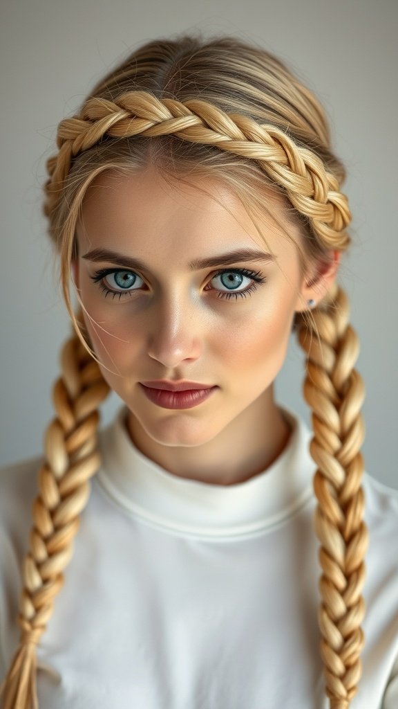 A young woman with blonde knotless braids and a braided headband, showcasing a chic hairstyle.