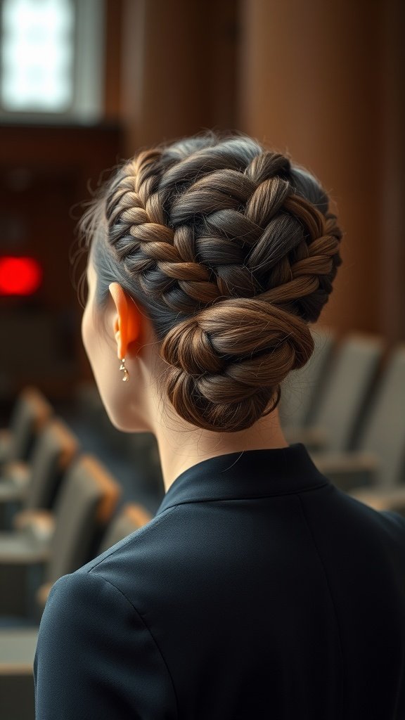 A woman with knotless braids styled into a bun, showcasing a neat and elegant hairstyle.