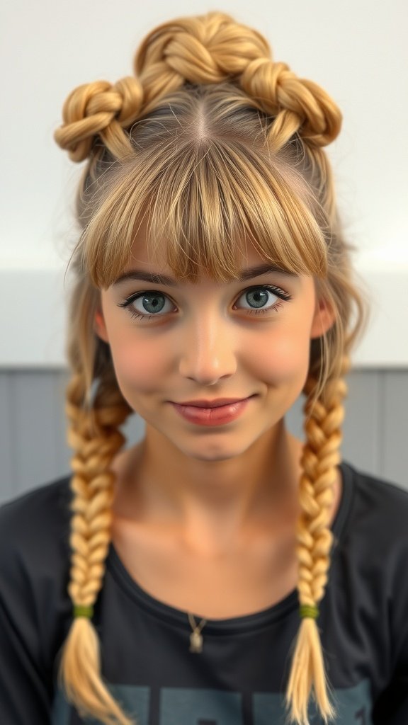 A young girl with knotless braids styled in a bun and bangs, showcasing a playful and chic hairstyle.