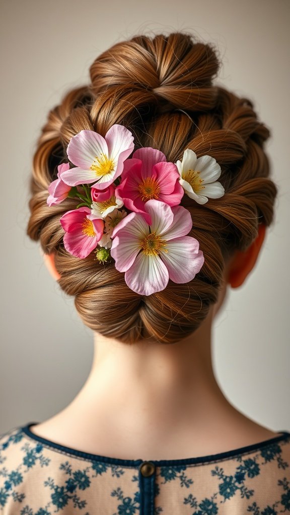 A woman with knotless braids styled in a bun, adorned with colorful flowers.