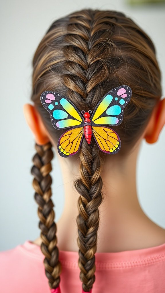 Knotless braids styled with a colorful butterfly clip
