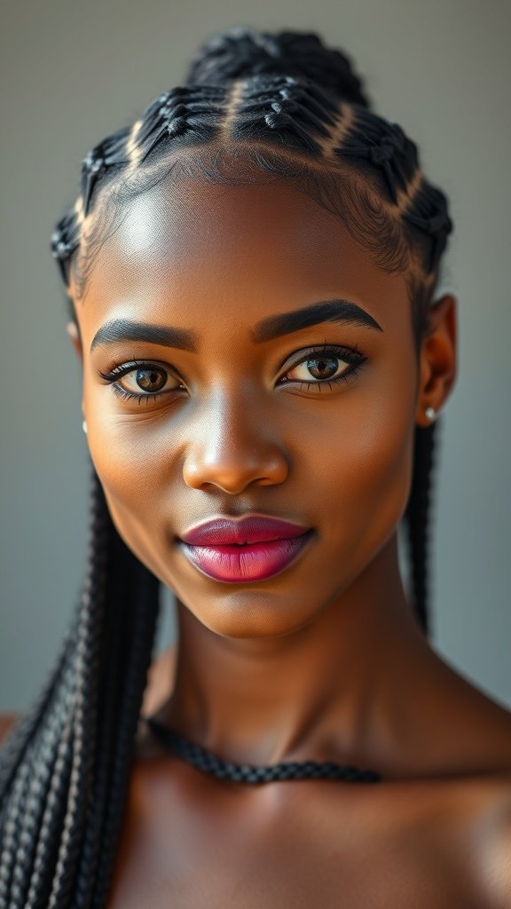 A close-up of a woman with knotless braids styled in a center part, showcasing a smooth finish and elegant look.