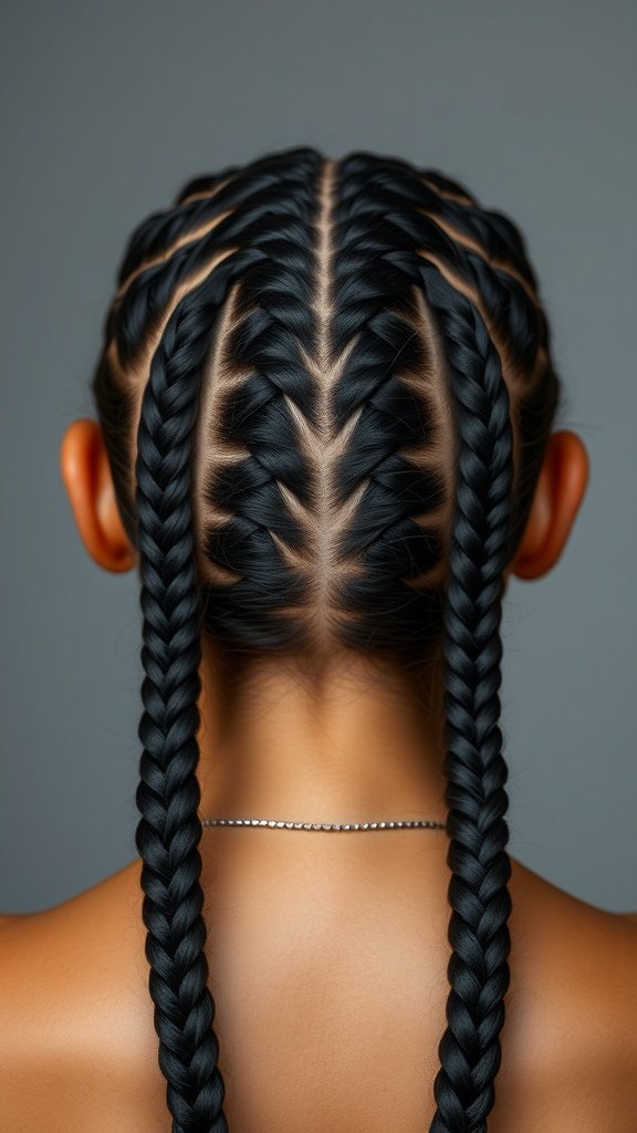 A close-up view of a person with knotless braids styled in a center part.