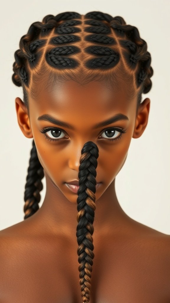 A close-up of a person with knotless braids styled in a center part, showcasing a mix of dark and light colors.