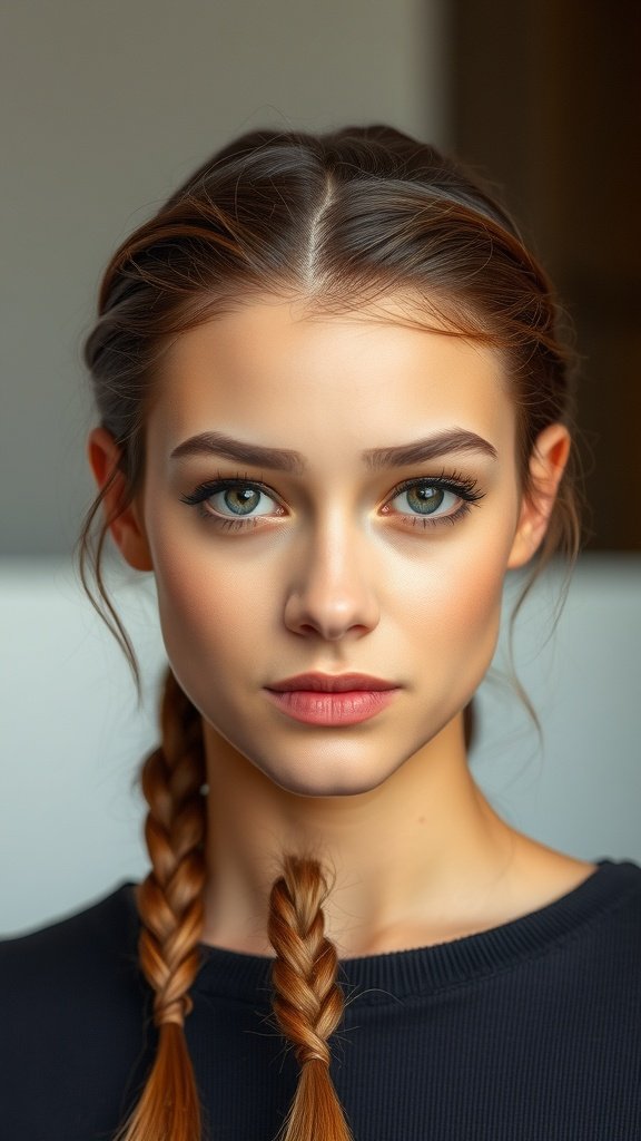 A close-up of a young woman with knotless braids styled in a center part.