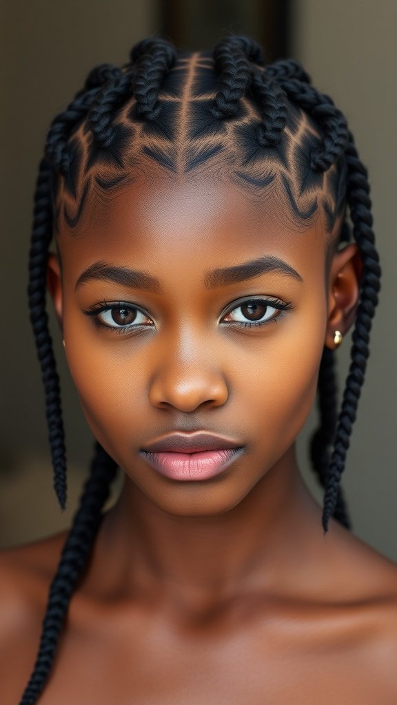 Close-up of a person with knotless box braids styled in a center part.