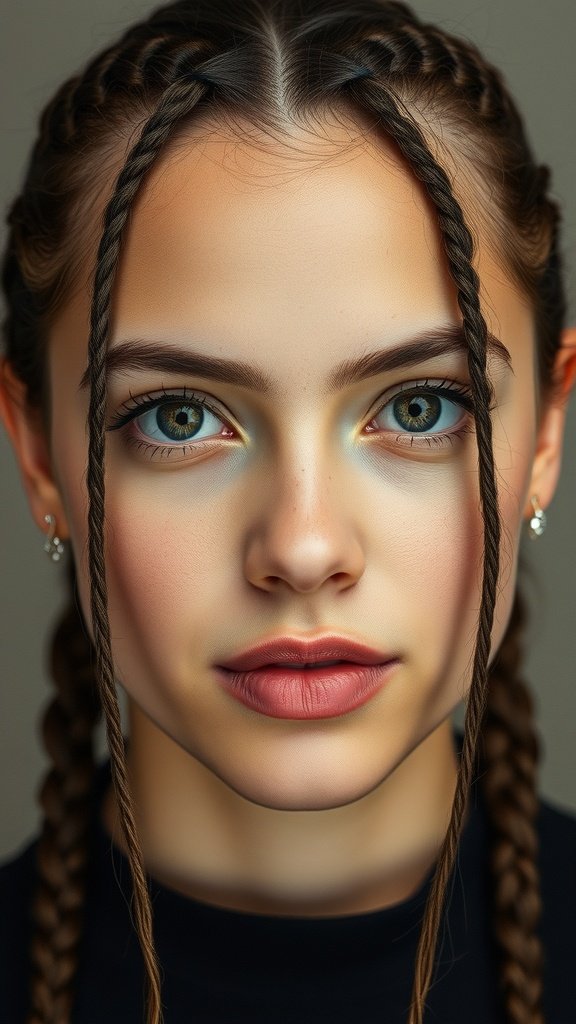 A close-up of a person with knotless braids styled in a center part, showcasing their facial features.