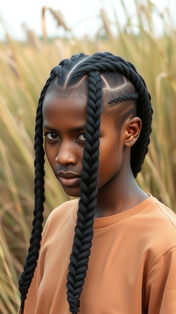 A person with long knotless braids styled in a center part, wearing a brown shirt, with a natural background.