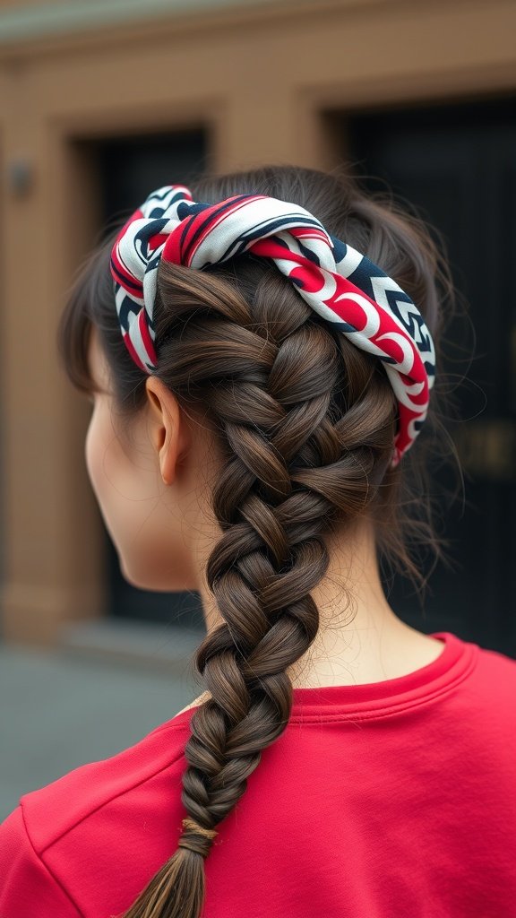 A woman with medium knotless braids styled with a colorful headband.