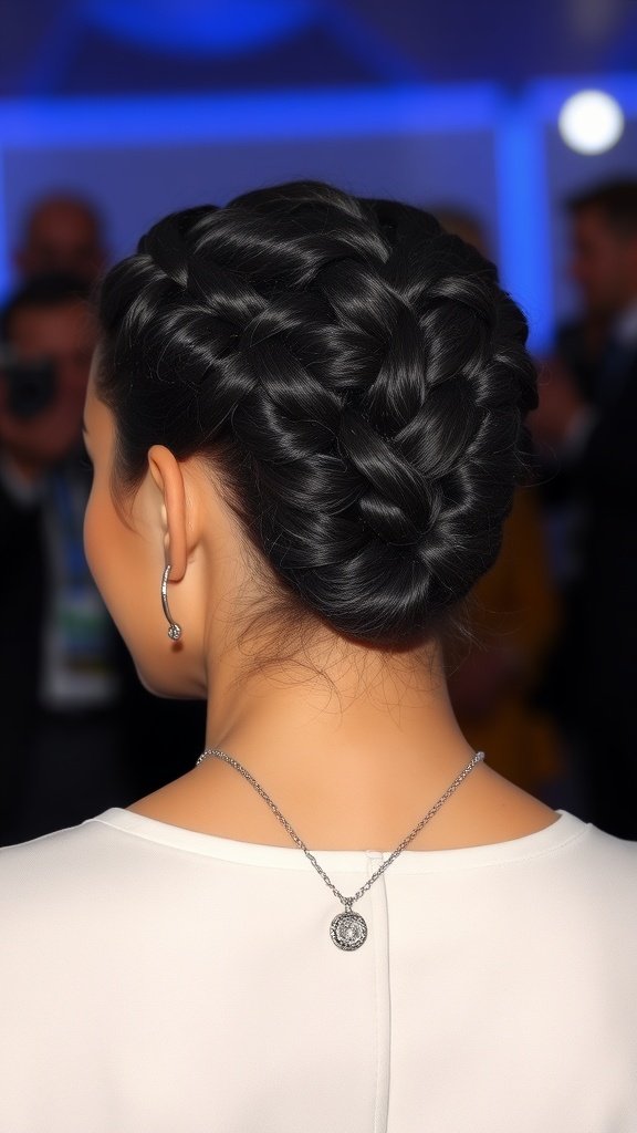 A close-up view of a woman's elegant knotless braids styled into an updo, showcasing intricate weaving and a polished appearance.