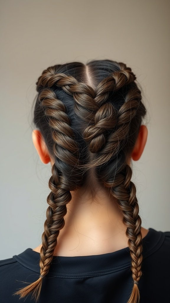 A close-up view of a person's back with two knotless braids styled in a heart shape at the crown.