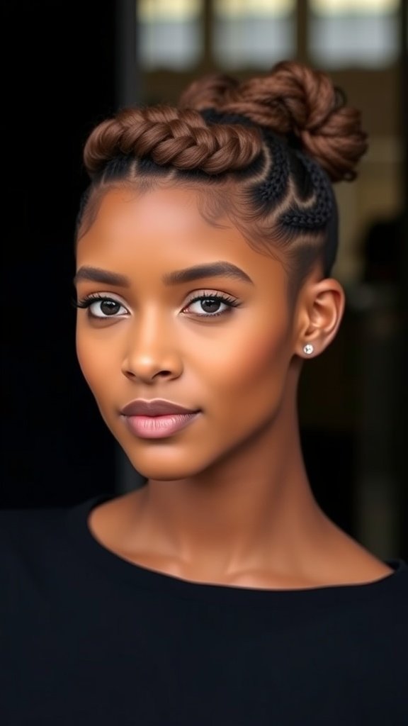 A woman with knotless box braids styled in a chic updo, featuring a braided crown and smooth finish.