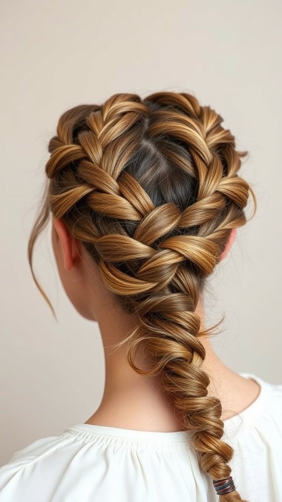 A stylish updo featuring knotless braids with a two-tone color scheme.