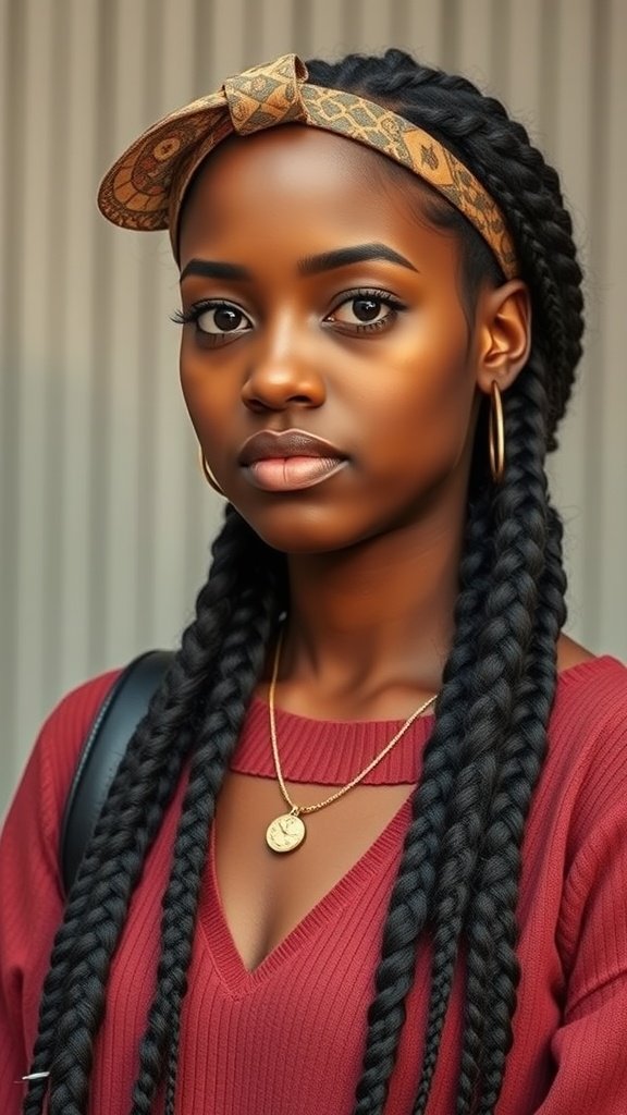 A woman with knotless braids wearing a headband and a stylish outfit.
