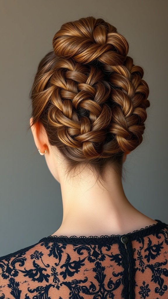 A woman with knotless braids styled in a classic updo, showcasing intricate braiding and a polished look.