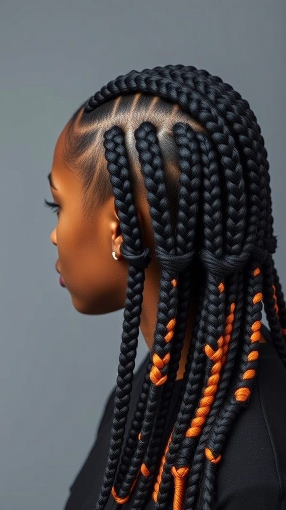 A close-up of a woman with knotless braids featuring a color block effect in black and orange.
