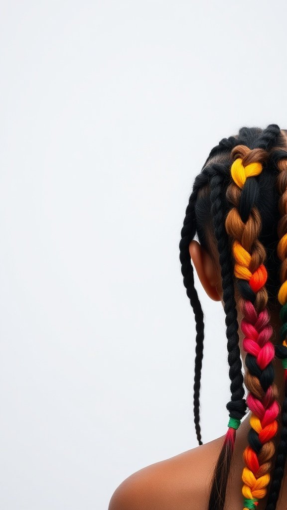 A close-up view of knotless braids featuring a color block effect with vibrant colors.