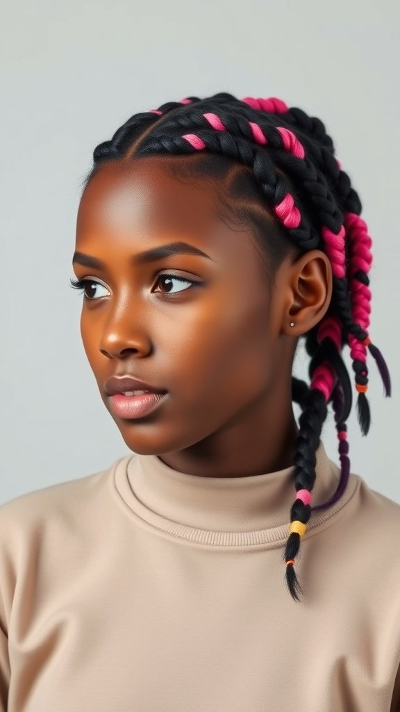 A young woman with medium knotless braids featuring black and pink color contrast.