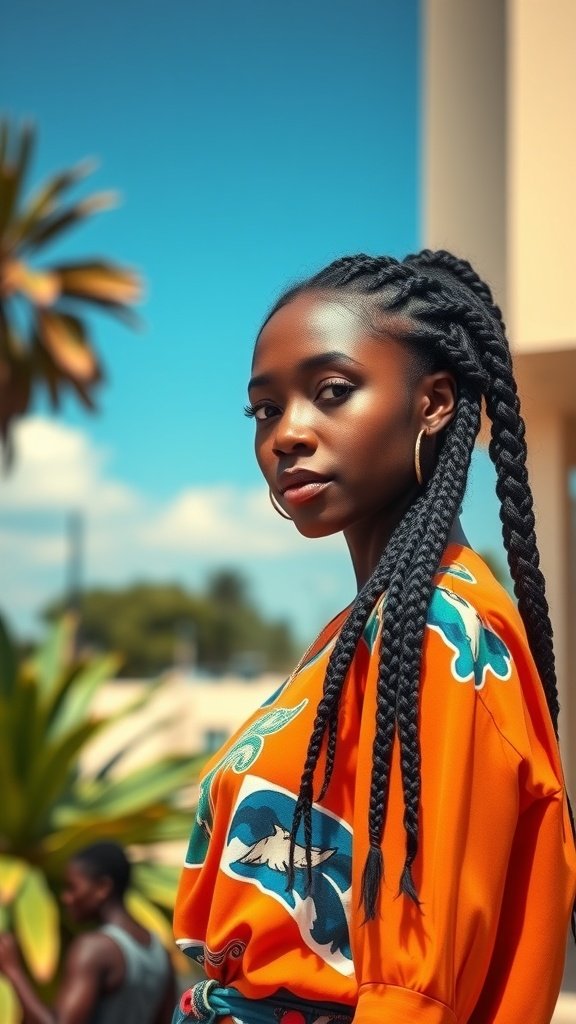 A woman with knotless braids wearing an orange top, showcasing a vibrant hairstyle.