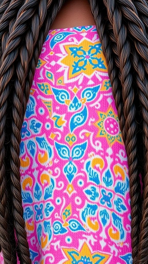 Close-up of knotless braids with a colorful patterned outfit.