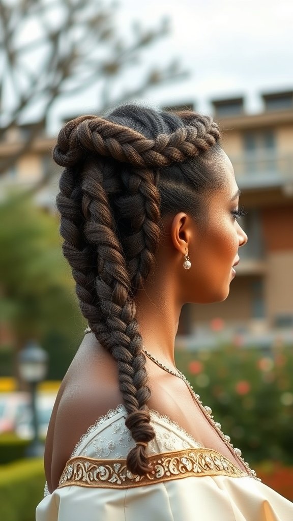 A woman with intricate knotless braids styled into a crown, showcasing elegance and creativity.